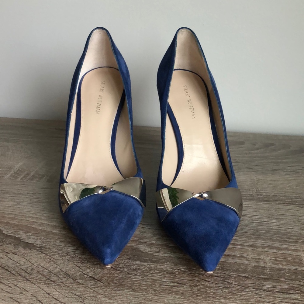 Stuart Weitzman Blue Suede Heels w/ Metal Bow